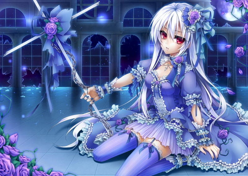 White Hair Blue Dress Flowers Princess Purple Eyes Anime Girl HD