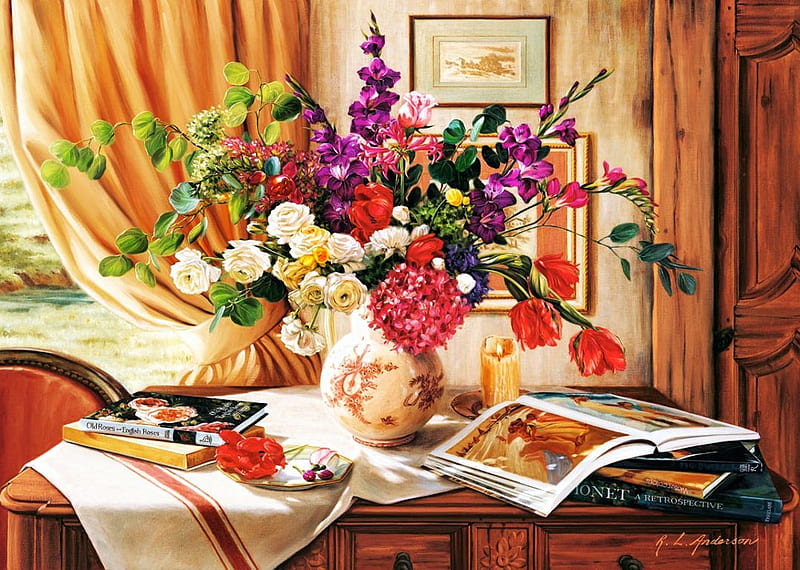 Still Life, table, window, books, vase, artwork, door, bouquet ...