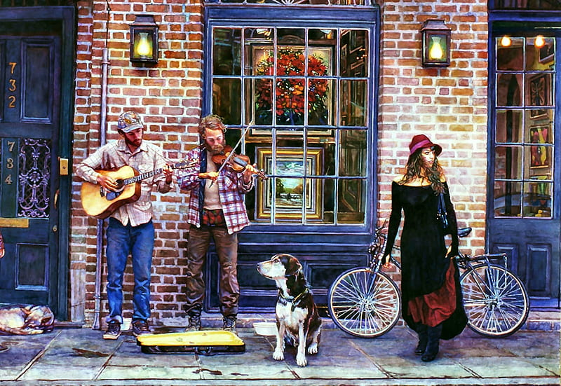 The Sight and Sounds of New Orleans, architecture, New Orleans, musical instruments, bicycle, bonito, illustration, artwork, stores, canine, painting, wide screen, shops, Louisiana, scenery, art, cityscape, pets, dogs, HD wallpaper
