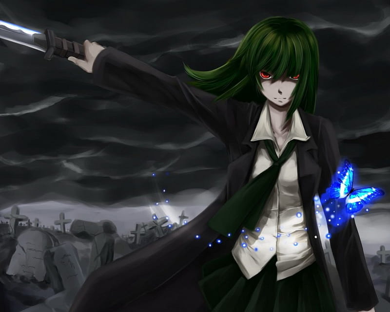 Dark Night n Butterfly, eerie, horror, angry, creepy, butterfly, blade, anime, darkness, gloomy, scary, hot, anime girl, weapon, long hair, sword, night, female, black, mad, gloom, grave yard, sexy, grave, girl, dark, sinister, green hair, red eyes, serious, HD wallpaper