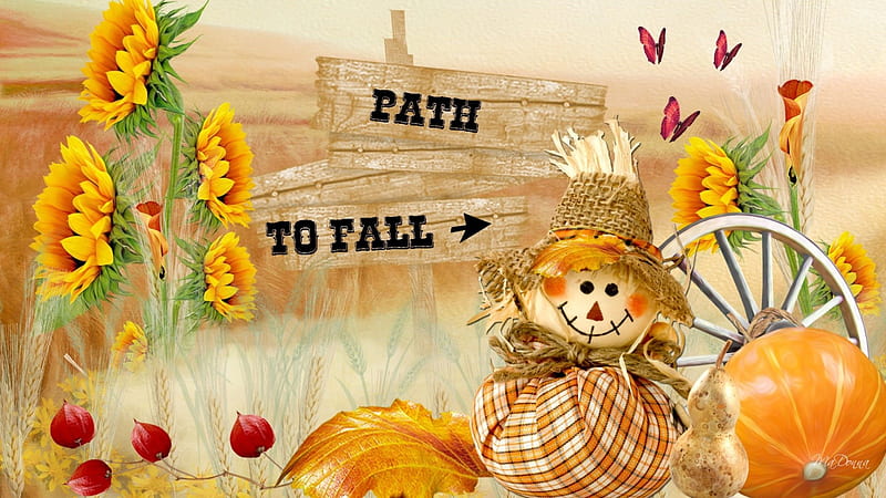 Path To Fall, fall, flowers, autumn, grass, sweet, seeds, leaves, sunflowers, pumpkin, papillon, scarecrow, butterflies, doll, cute, wagon wheel, whimsical, signs, pods, HD wallpaper