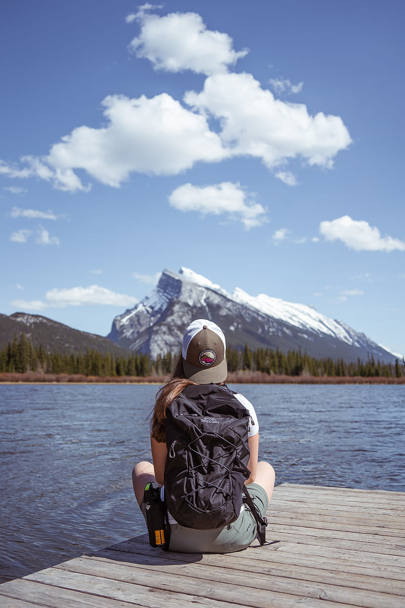girl, backpack, pier, lake, mountain, travel, HD phone wallpaper