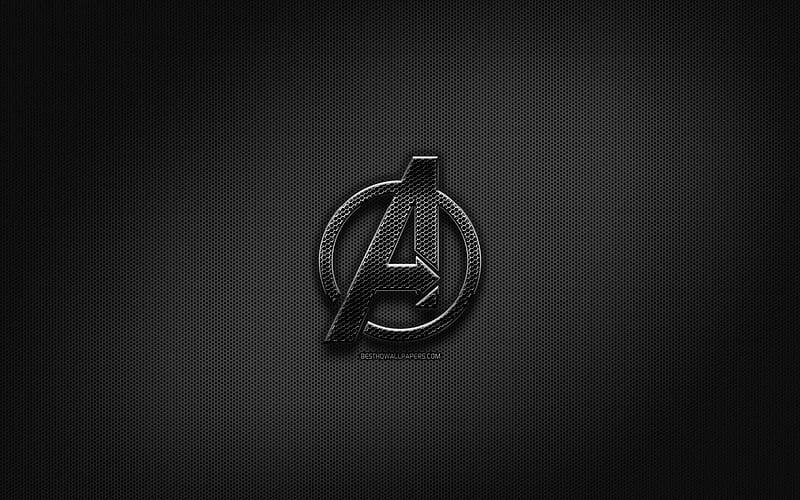 Avengers black logo, creative, metal grid background, Avengers logo, brands, Avengers, HD wallpaper