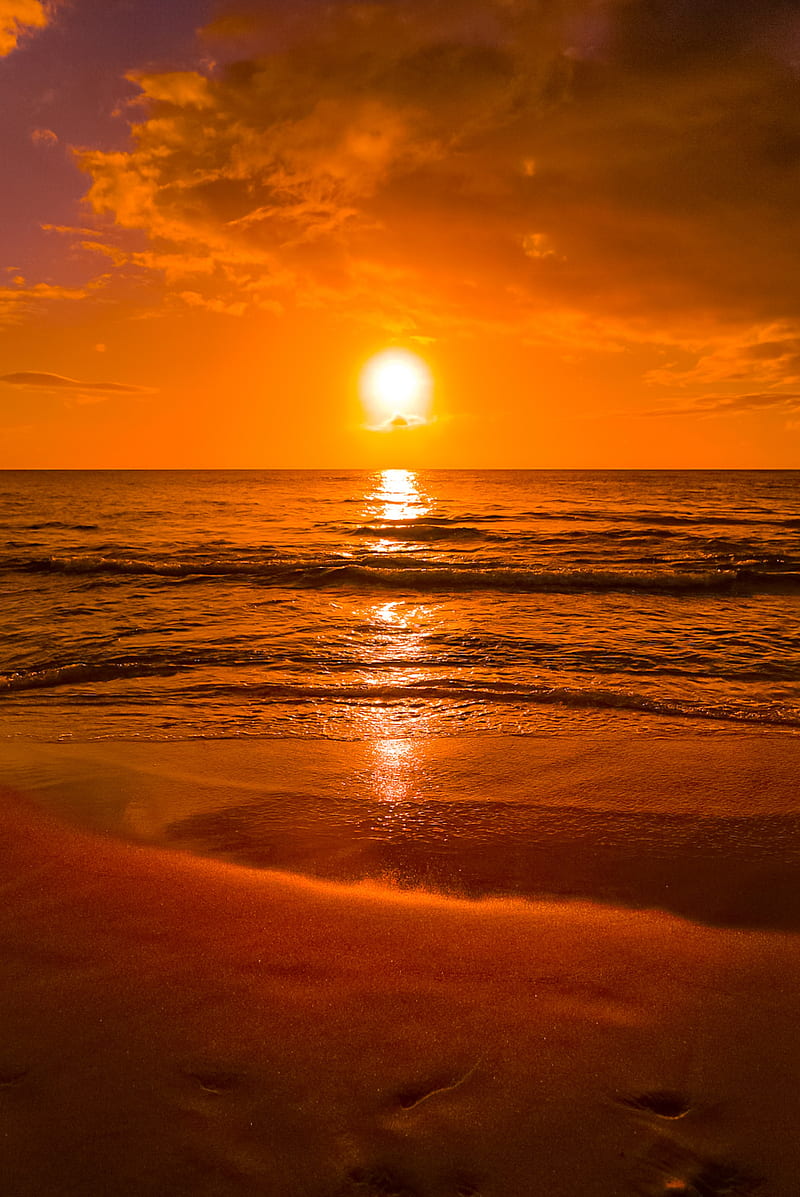 sunset, sun, glare, sea, water, horizon, HD phone wallpaper