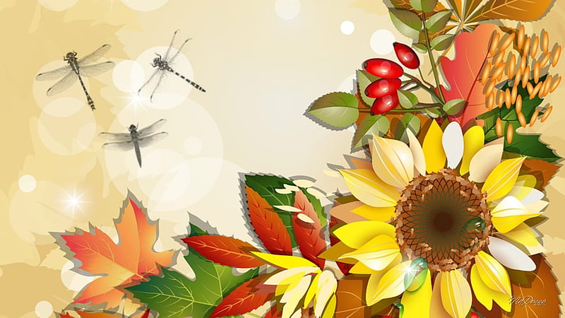 Dragonflies of Autumn, fall, autumn, leaves, sunflowers, berries, dragonflies, vector, HD wallpaper