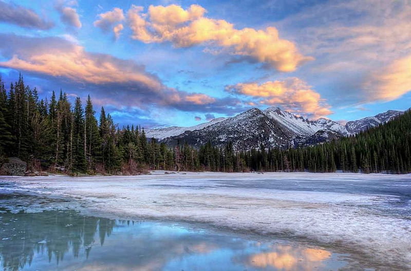 Sprague Lake, Colorado, usa, snow, national park, clouds, rocky mountains, firs, winter, HD wallpaper