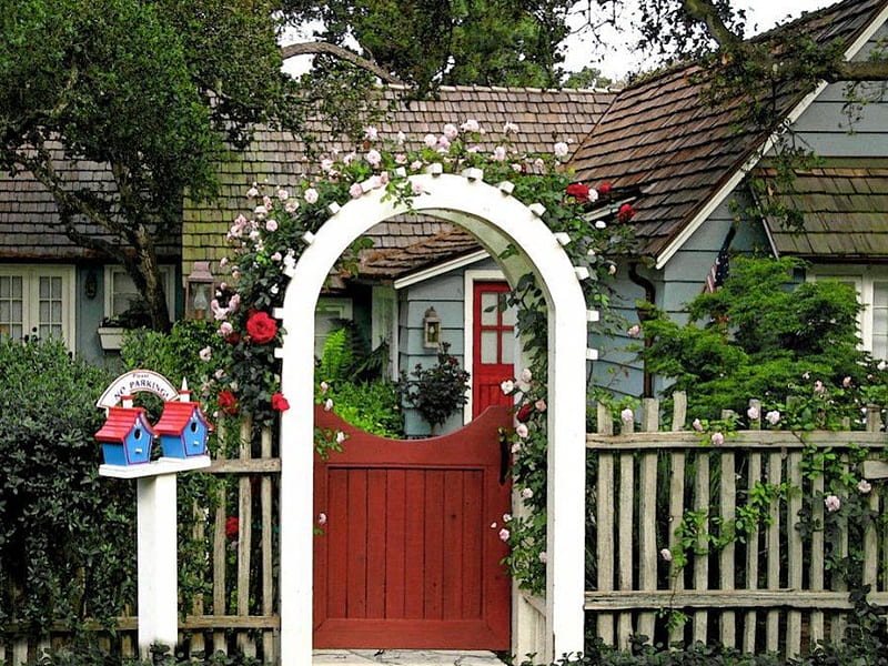Cute Garden Gate, gate, house, rose, entry, yard, walkway, arch, front, garden, mailbox, HD wallpaper
