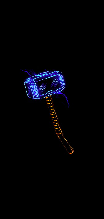 Mjilnor, black, blue, hammer, illustration, marvel, neon, thor, HD phone wallpaper