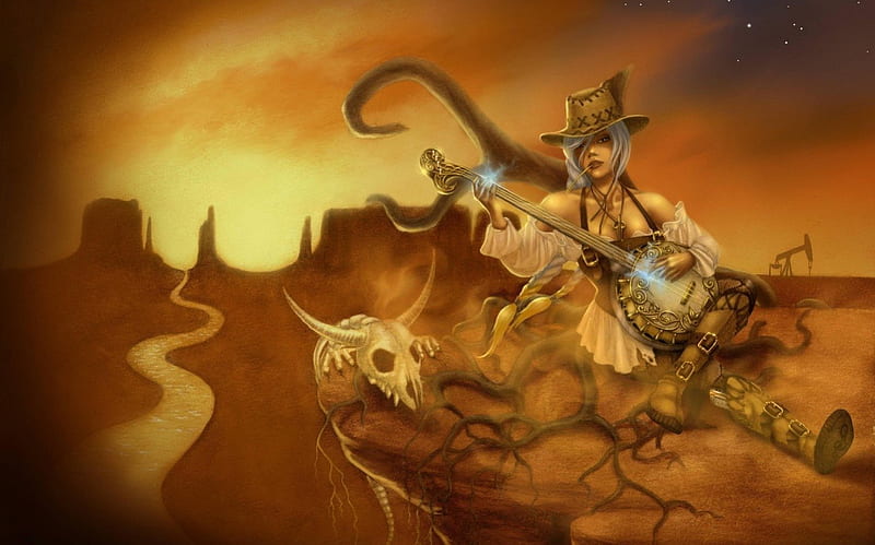 A song for the lost, skeleton, yellow, magic, woman, animal, fantasy, sand, beauty, road, light, blue, night, stars, desert, music, guitarr, hat, song, girl, lost, skull, HD wallpaper