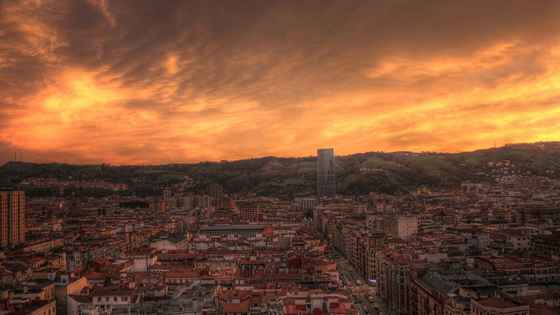beautiful sky over bilbao spain, sunset, city, sky, orange, HD wallpaper