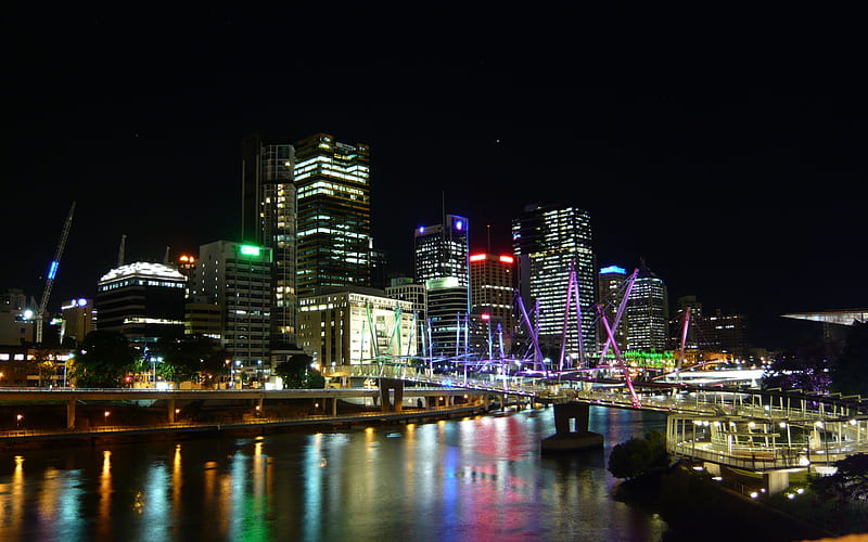 Brisbane by Night, architecture, bridge, skyline, river, bonito, lights, night, HD wallpaper