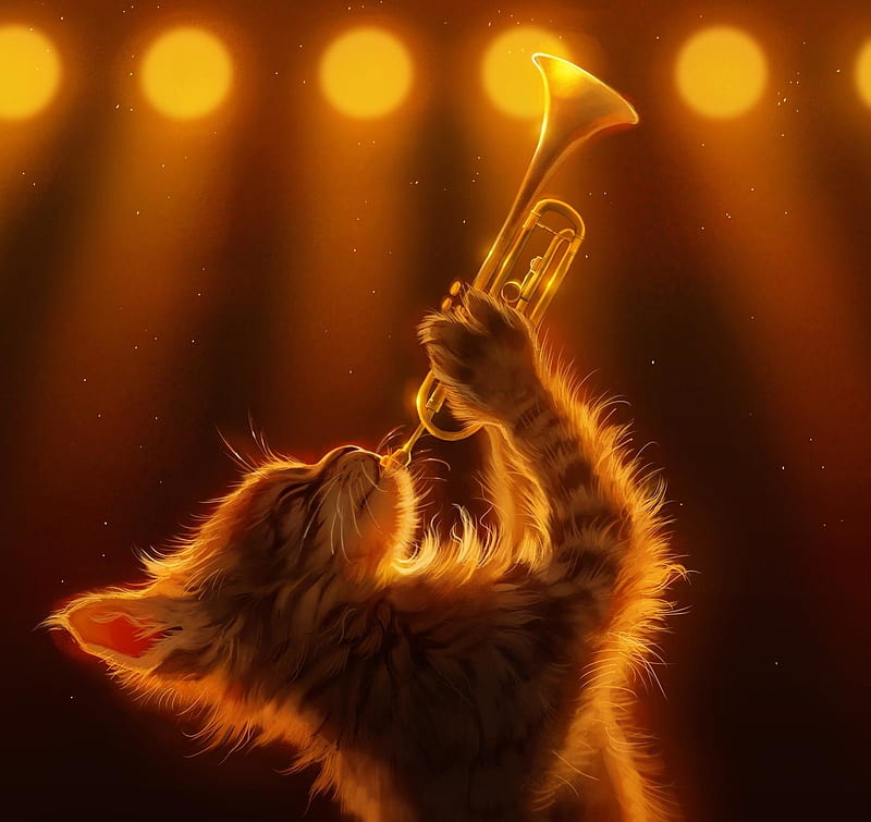 Trumpet kitten, frumusete, instrument, fantasy, orange, trumpet, pixxus, pisici, cat, luminos, HD wallpaper