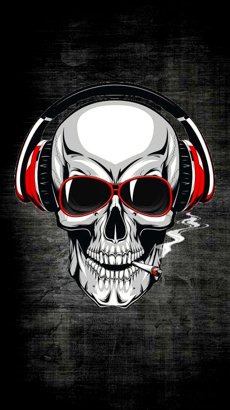 flaming skull with headphones