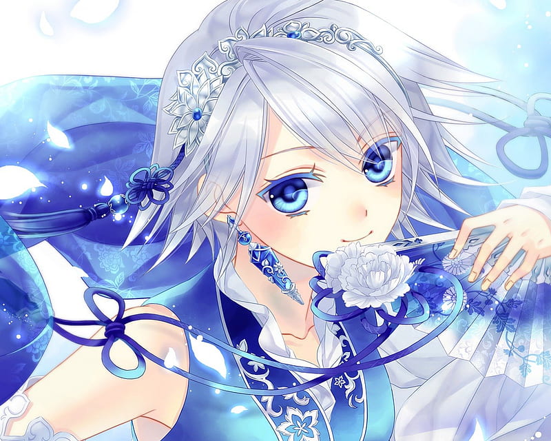 Lady Blue, pretty, white hair, adorable, magic, women, sweet, floral, love, anime, flowers, beauty, anime girl, gems, jewel, long hair, lovely, ribbon, gown, amour, jewelry, cute, crown, fan, maiden, dress, divine, adore, bonito, sublime, woman, blossom, gemstone, hot, tiara, blue eyes, blue, gorgeous, female, exquisite, kawaii, girl, blue hair, flower, precious, magical, silver hair, lady, angelic, HD wallpaper