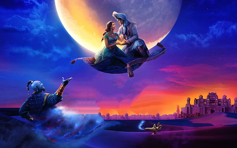 Aladdin 2019, disney, night, blue, poster, orange, movie, moon, jasmine, fantasy, aladdin, moon, genie, HD wallpaper