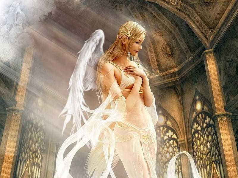 White Gothic Angel, sun, blond, angel, chapel, light, HD wallpaper