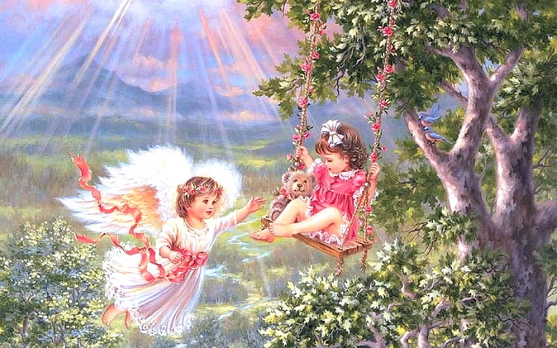 Children are a Gift from the Lord, wings, ferris swing, children, love four seasons, attractions in dreams, angels, fantasy, paintings, swing, weird things people wear, flowers, heaven, garden, light, HD wallpaper
