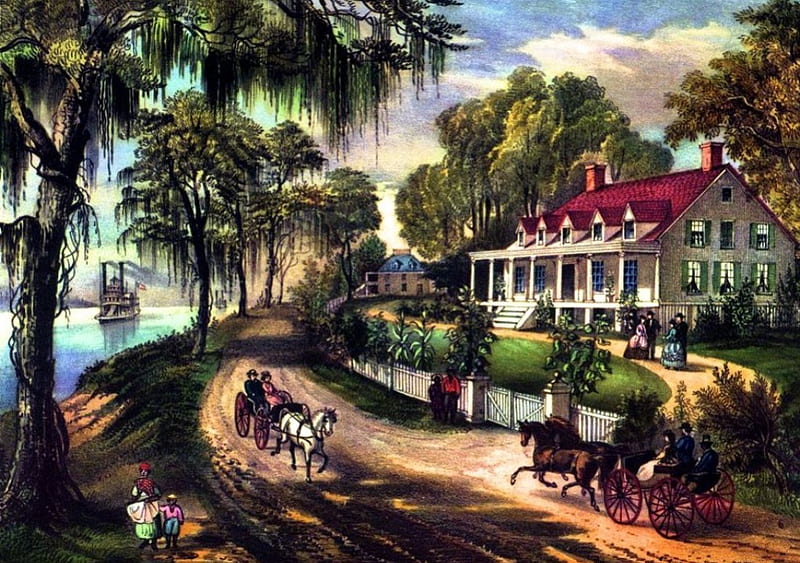 A Home on the Mississippi, house, victorian, cart, trees, artwork, horses, ship, painting, street, vintage, HD wallpaper