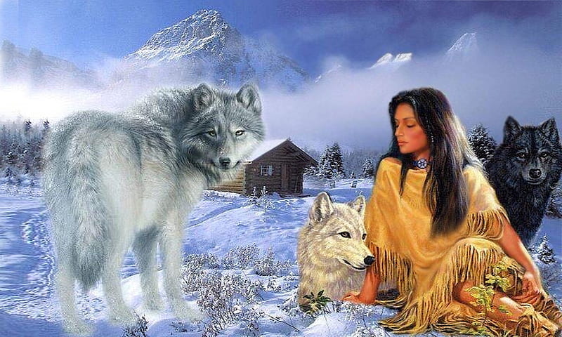 Native Woman With Wolves, Wolves, indigenous, lovely, snow, Native, woman, winter, HD wallpaper