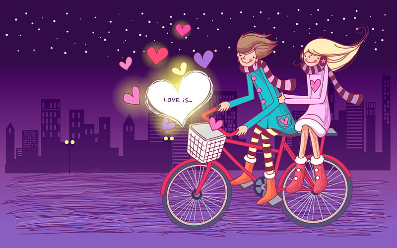 Bicycle for two, buildings, love, bicycle, valentine, corazones, couple, night, HD wallpaper