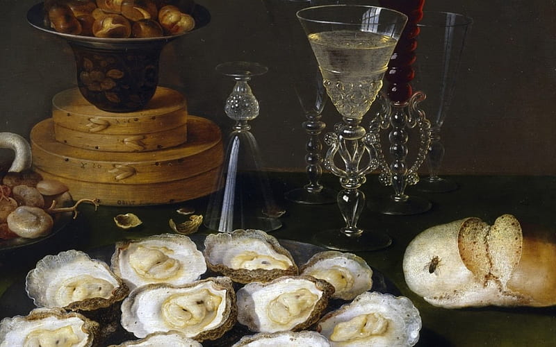 Still life with oysters, painting, glasses, still life, oysters, HD wallpaper