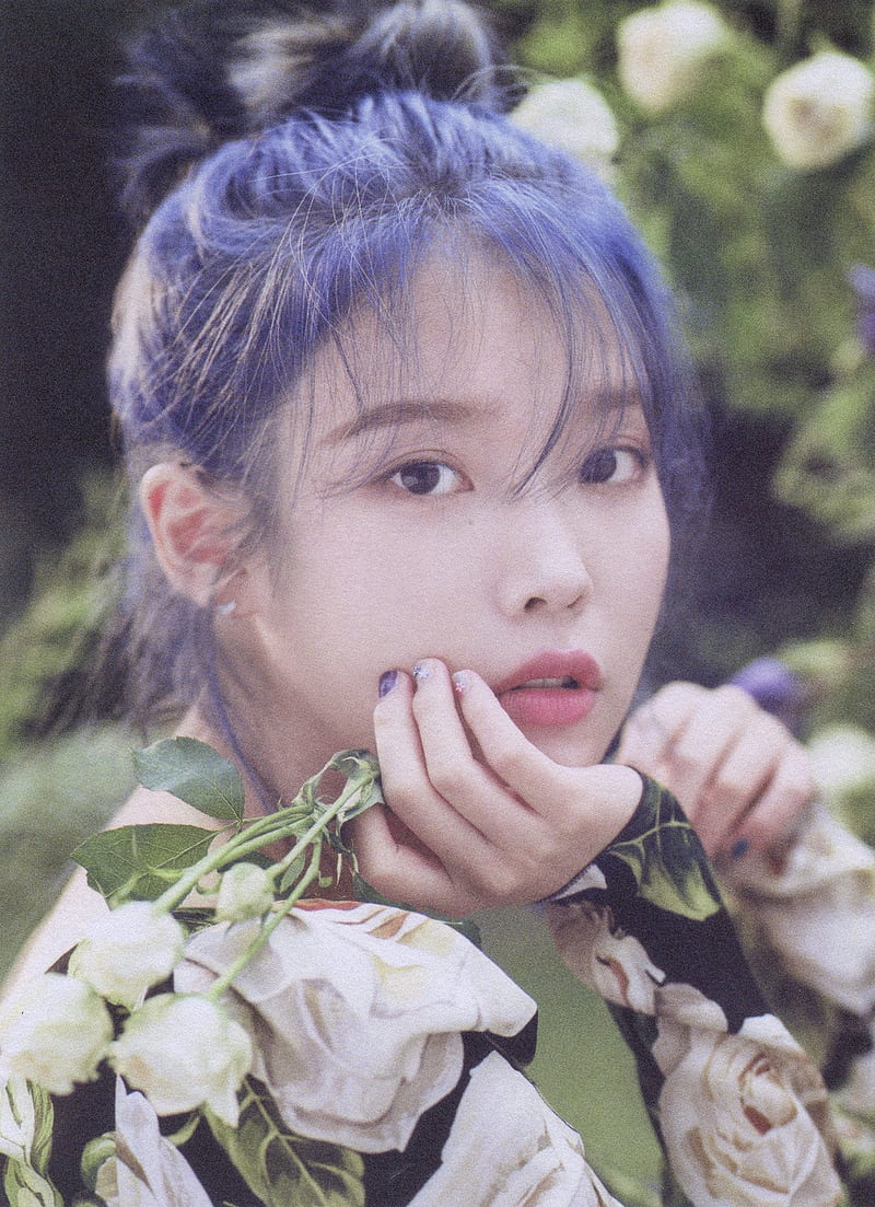 IU, blue hair, flower, HD phone wallpaper