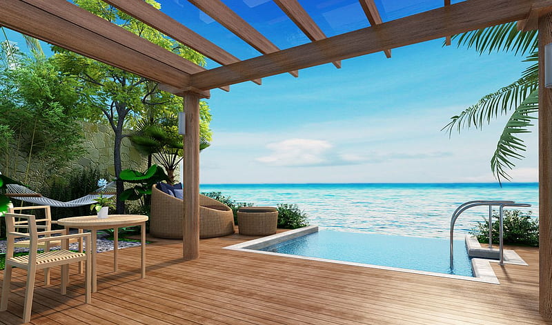Tropical oceanview, table, balcony, ocean, plant, bonito, villa, pool, maldives, chair, tropical, HD wallpaper
