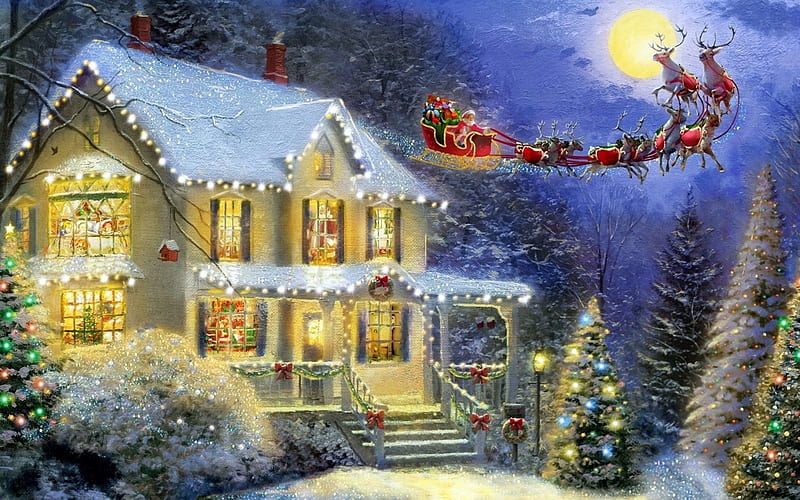 Night Before Christmas, sleigh, holidays, white trees, houses, love four seasons, xmas and new year moons, attractions in dreams, christmas trees, santa claus, winter, snow, HD wallpaper
