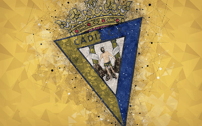 Cadiz CF geometric art, logo, yellow abstract background, Spanish football club, emblem, LaLiga2, Segunda Division B, Andalusia, Spain, football, creative art, HD wallpaper