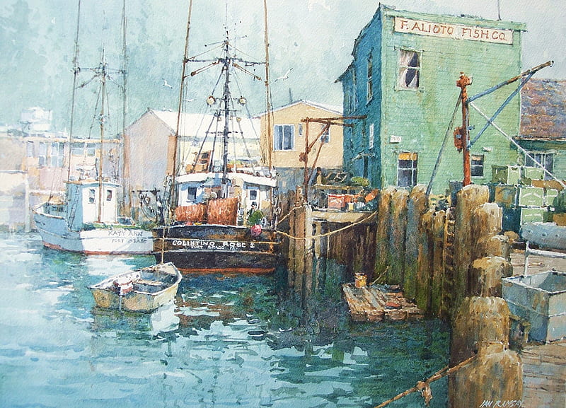 Ian Ramsay art, art, house, buildings, ian ramsay, sea port, albatross, fisherman, sea, boat, water, ship, people, painting, blue, HD wallpaper