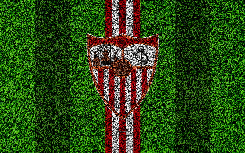 Sevilla FC logo, football lawn, Spanish football club, red white lines, grass texture, emblem, Sevilla, Spain, football, HD wallpaper