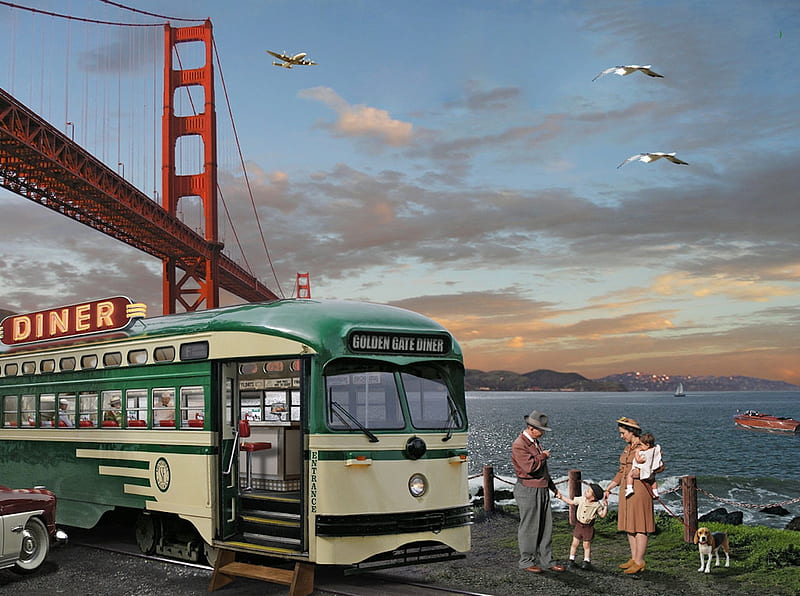 Golden Gate Diner, gate, golden, birds, sky, diner, san francisco, airplane, water, bridge, dog, vintage, HD wallpaper
