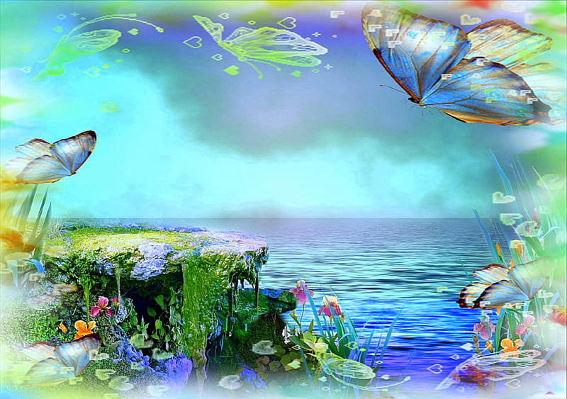 ★Turquoise Lake★, rocks, plants flowers, attractions in dreams, digital art, seasons, waterscapes, manipulation, butterfly designs, animals, wearther, love four seasons, creative pre-made, butterflies, spring, sky, turquoise lake, lake, backgrounds, nature, HD wallpaper