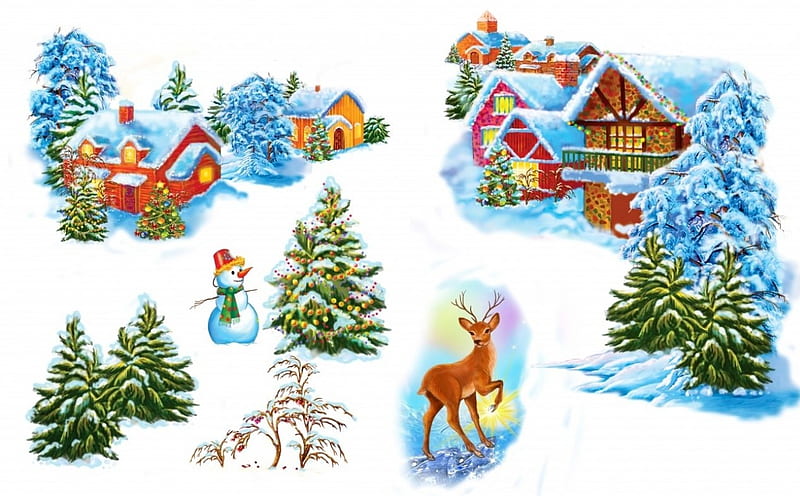 Happy Holidays, Christmas, Holidays, Deer, Miscellaneous, Houses, Snow, Snowmen, Fir, HD wallpaper