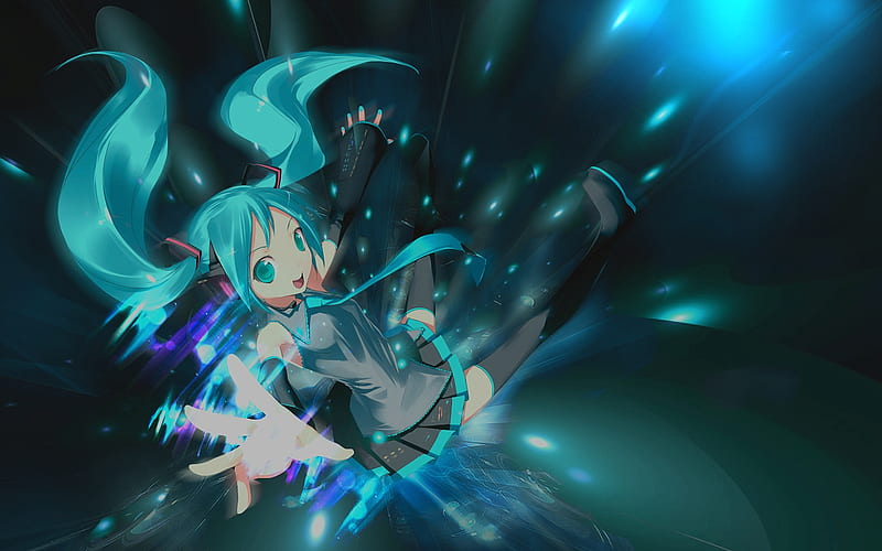 Hatsune Miku, pretty, cg, nice, anime, aqua, beauty, anime girl, vocaloids, art, twintail, skirt, black, miku, singer, aqua eyes, cute, headset, hatsune, cool, digital, awesome, idol, long socks, artistic, glow, gray, headphones, tie, bonito, thighhighs, program, light, blue, vocaloid, outfit, music, diva, microphone, song, girl, stockings, uniform, virtual, aqua hair, HD wallpaper