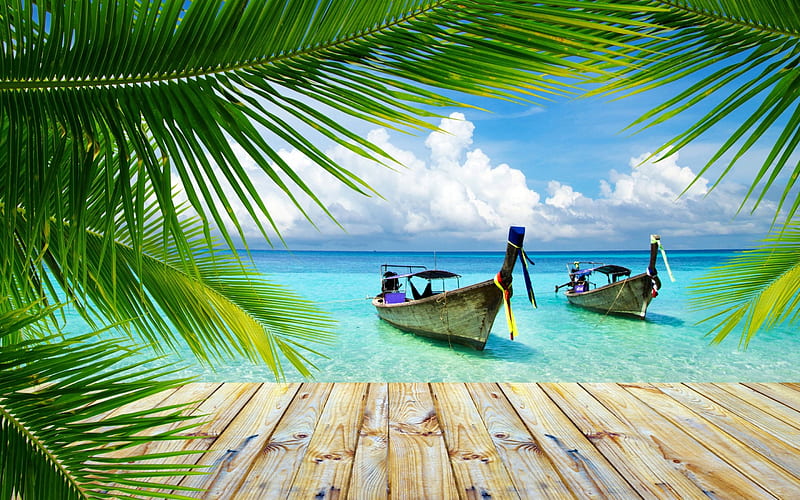 Tropical Summer, palm leaves, Thailand, bonito, clouds, sea, boats, beaches, summer, wooden walkway, tropical, HD wallpaper