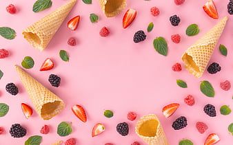 frame with ice cream, pink background, berries ice cream, sweets, berries, food frame, HD wallpaper