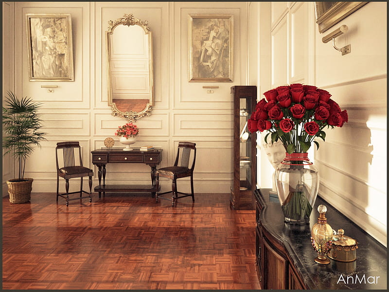 neoclassical_house_style, red, house, rose, vase, flower, mirror, chair, room, desk, HD wallpaper