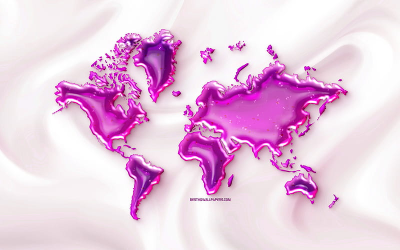 purple jelly world map, pink silk background, world map concepts, jelly, purple water world map, HD wallpaper