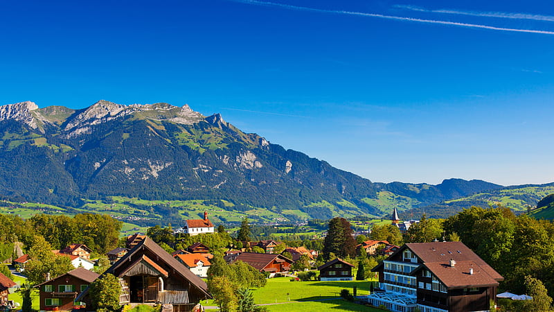 Swiss Alps summer, village, mountains, Switzerland, HD wallpaper