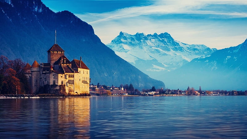 Lake Geneva, castles, lakes, nature, mountains, HD wallpaper
