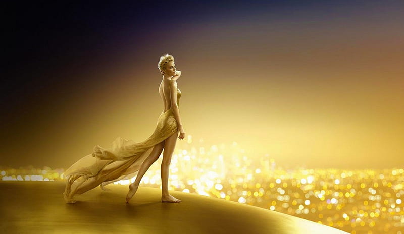 Golden Girl, art, dress, gown, bonito, elegant, theron, graphy, charlize, fantasy, gold, couture, fashion, lady, HD wallpaper