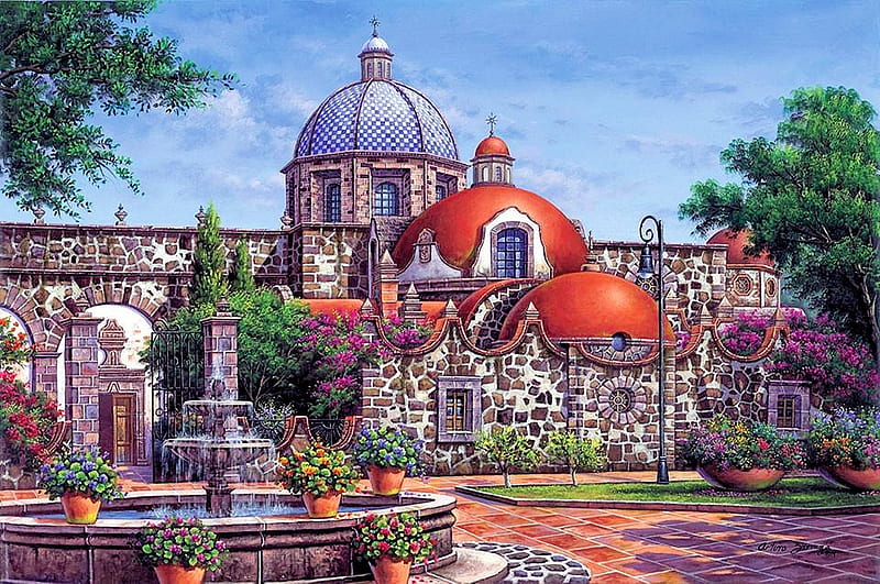 Mexican Architecture, old, artwork, building, fountain, painting, trees, HD wallpaper