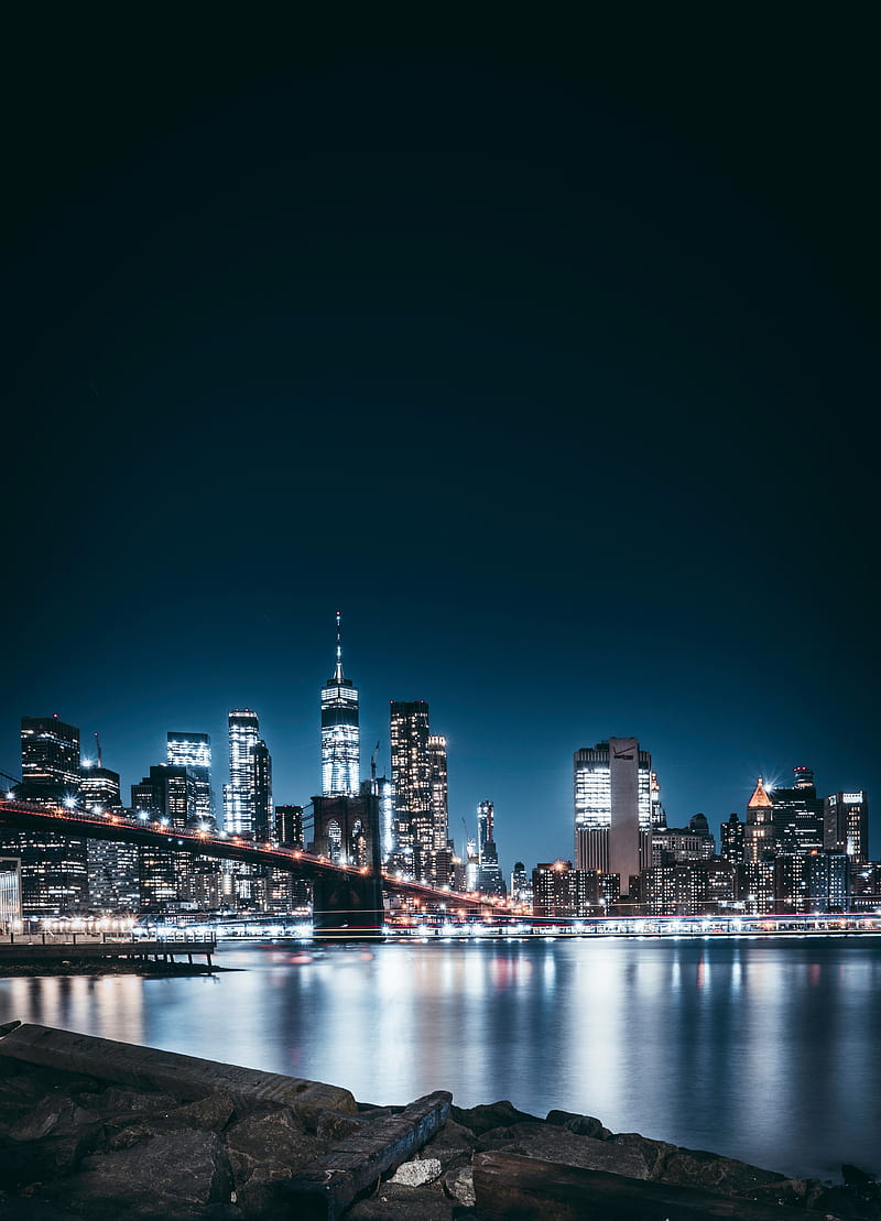 night city, city lights, bridge, panorama, brooklyn, usa, HD phone wallpaper