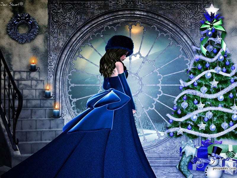 'Princess with Christmas Tree', ornaments, pretty, wonderful, attractions in dreams, bonito, bow, elegant, xmas and new year, garland, fantasy, cherish, candle light, girls, blue, stars, female, lovely, christmas, decoration, love four seasons, creative pre-made, abstract, snowman, hat, happy, balls, gifts, celebrations, HD wallpaper