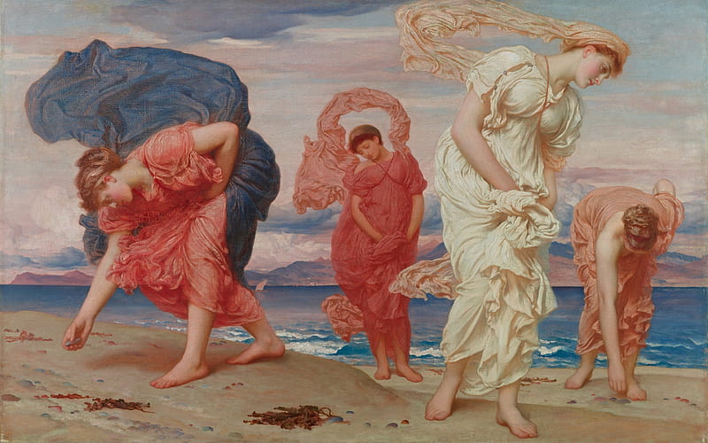 Greek girls picking pebbles by the sea, beach, red, water, girl, wind, painting, frederic leighton, sea, pictura, HD wallpaper