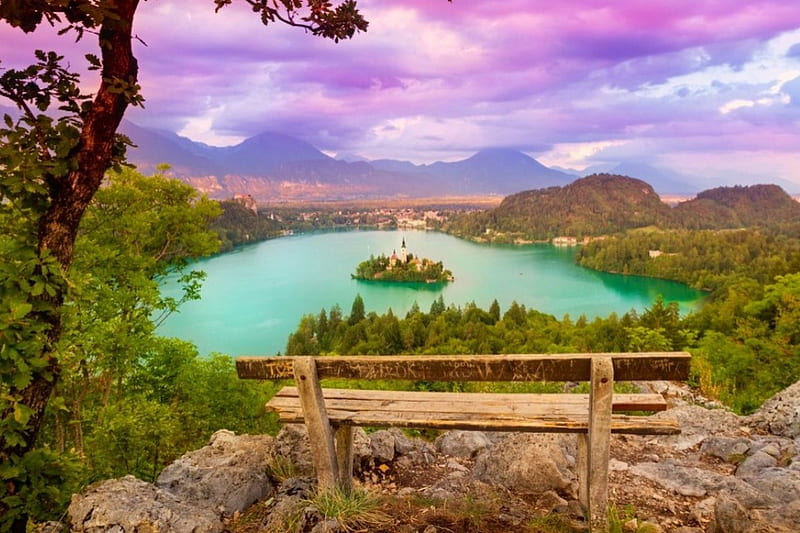 Lake Bled, hills, Bled, rest, view, travel, bench, colors, bonito, sky, lake, Slovenia, destination, island, HD wallpaper
