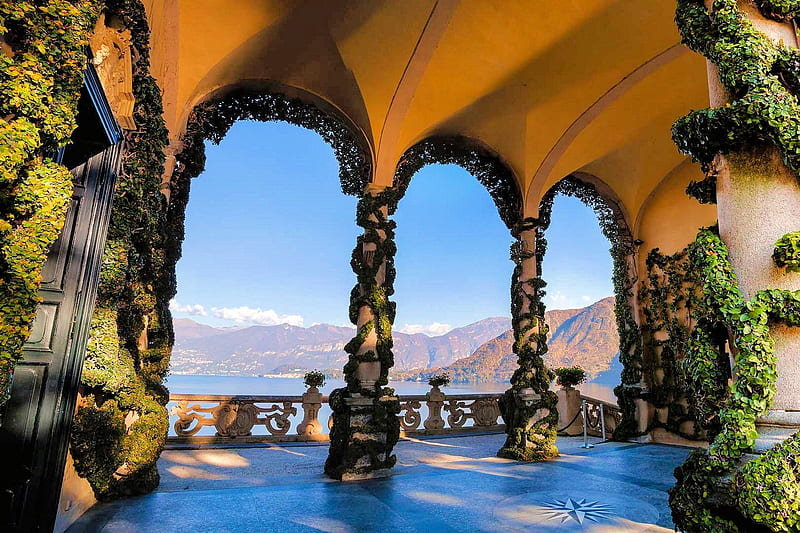 Villa Balbianello, Lake Como, Italy, veranda, arcades, plants, mountains, ancient, HD wallpaper