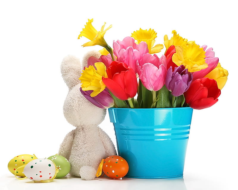 Easter Time, bunny, eggs, spring, tulips, HD wallpaper