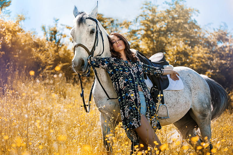 Cowgirl and her Horse, brunette, horse, cowgirl, shorts, flowers, HD wallpaper